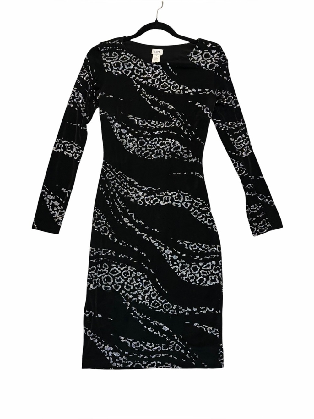 Vintage Cache Dress Bodycon Mesh Glitter Leopard Print Black Silver Small